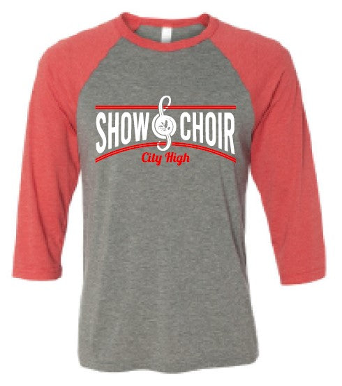 2024 City High Vocal Music and Show Choir BELLA + CANVAS - Three-Quarter Sleeve Baseball Tee (Show Choir Design)