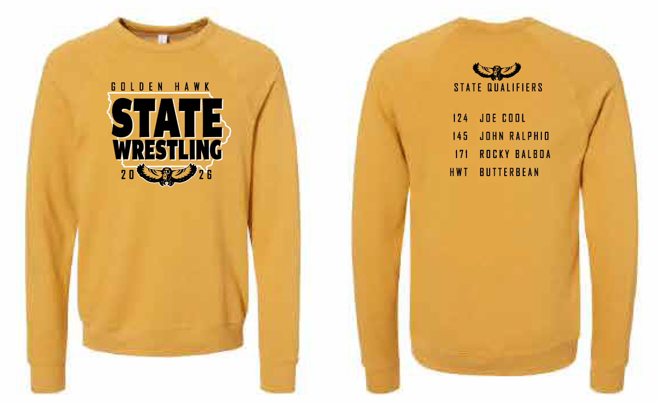 2026 Golden Hawk State Wrestling BELLA + CANVAS - Sponge Fleece Raglan Crewneck Sweatshirt