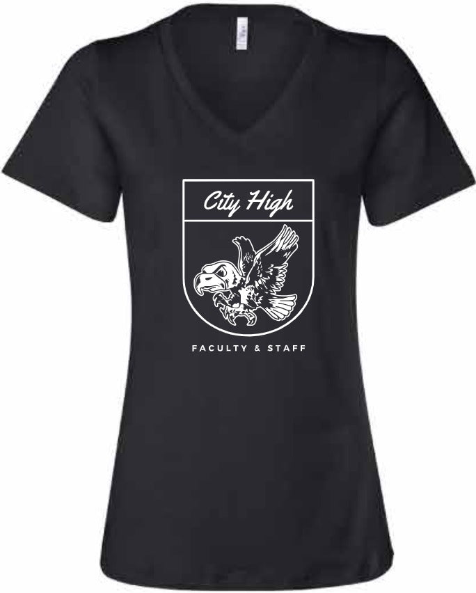 2026 City High Faculty and Staff Bella + Canvas - Women’s Relaxed Jersey V-Neck Tee (Crest Design)