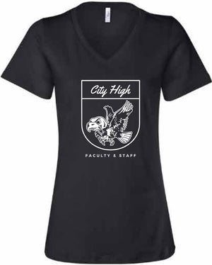 2026 City High Faculty and Staff Bella + Canvas - Women’s Relaxed Jersey V-Neck Tee (Crest Design)