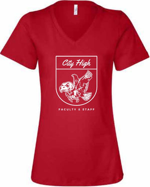 2026 City High Faculty and Staff Bella + Canvas - Women’s Relaxed Jersey V-Neck Tee (Crest Design)