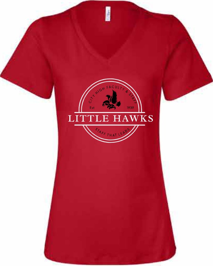2026 City High Faculty and Staff Bella + Canvas - Women’s Relaxed Jersey V-Neck Tee (Little Hawk Design)